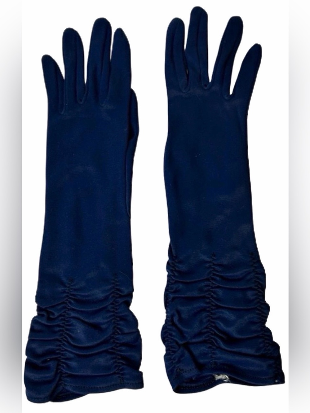 Vintage 1940s Navy Blue Nylon Ruched Pair of Gloves Mid Length Womens 13” - Picture 2 of 4